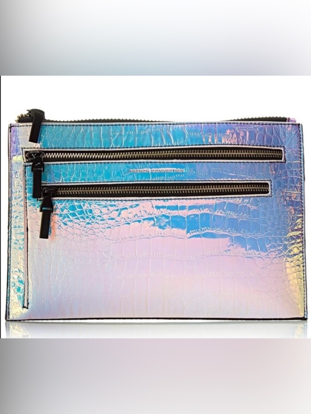 French Connection Iridescent Croc-Embossed Clutch in Blue and Pink